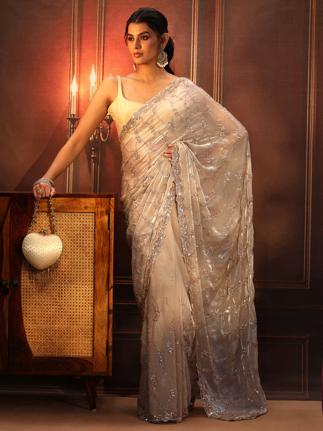  Libas Art Cream Embellished Tissue Saree 