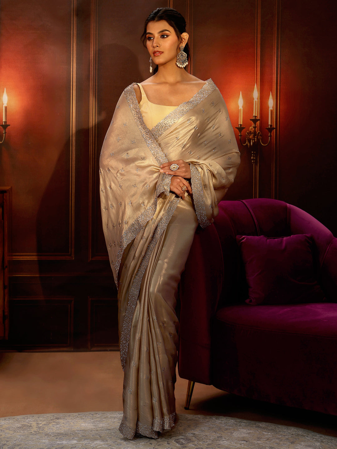 Libas Art Cream Embellished Tissue Saree 