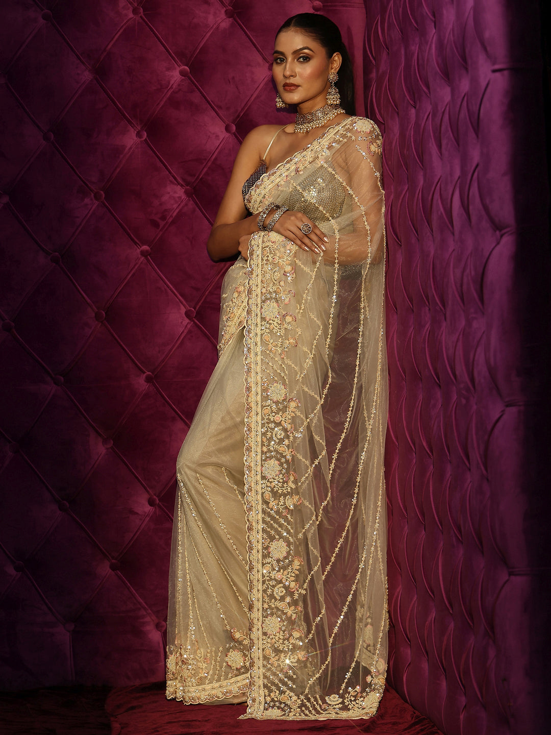 Libas Art Cream Floral Embellished Net Saree
