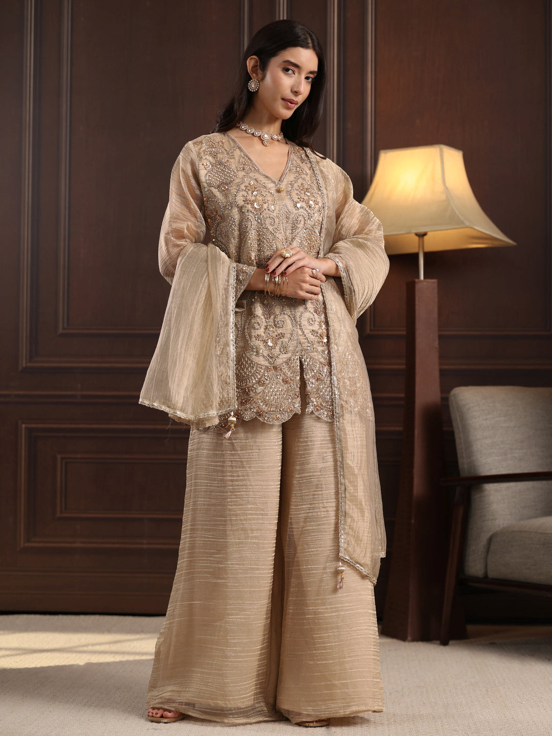 Libas Art Cream Floral Embellished Tissue Palazzo Suit Set