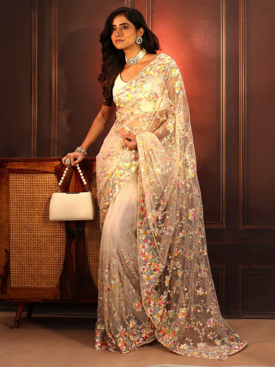  Libas Art Cream Floral Embroidered Net Saree 