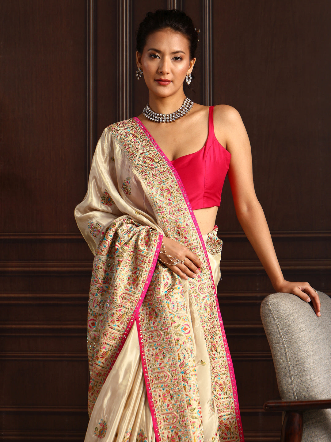  Libas Art Cream Floral Embroidered Satin Tassel Saree with Stone Work 