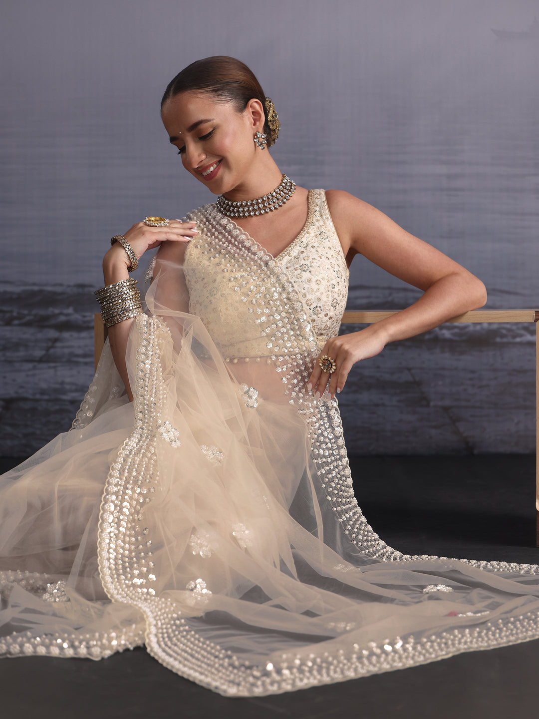  Libas Art Cream Floral Sequin Embellished Net Saree 