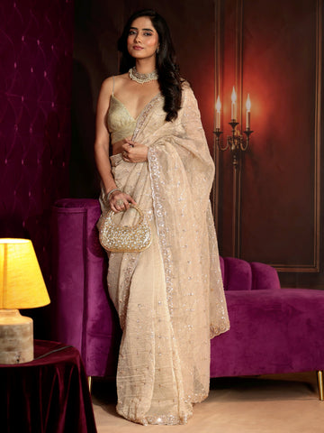 Libas Art Cream Sequin Embellished Net Saree
