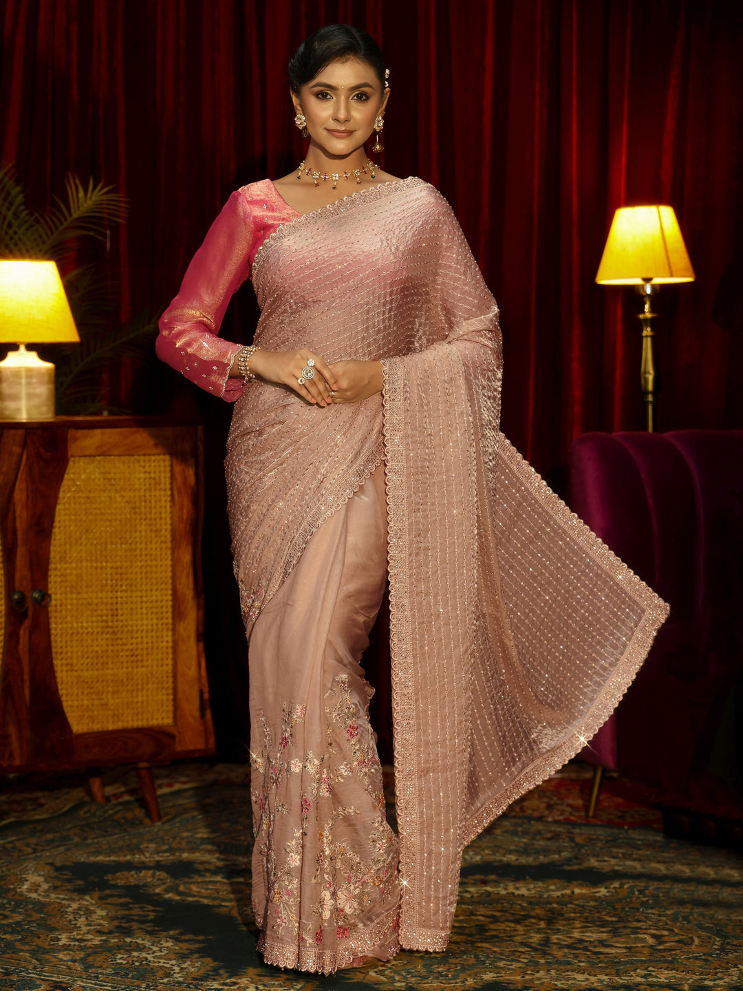  Libas Art Cream Striped Sequin Embellished Tissue Saree 