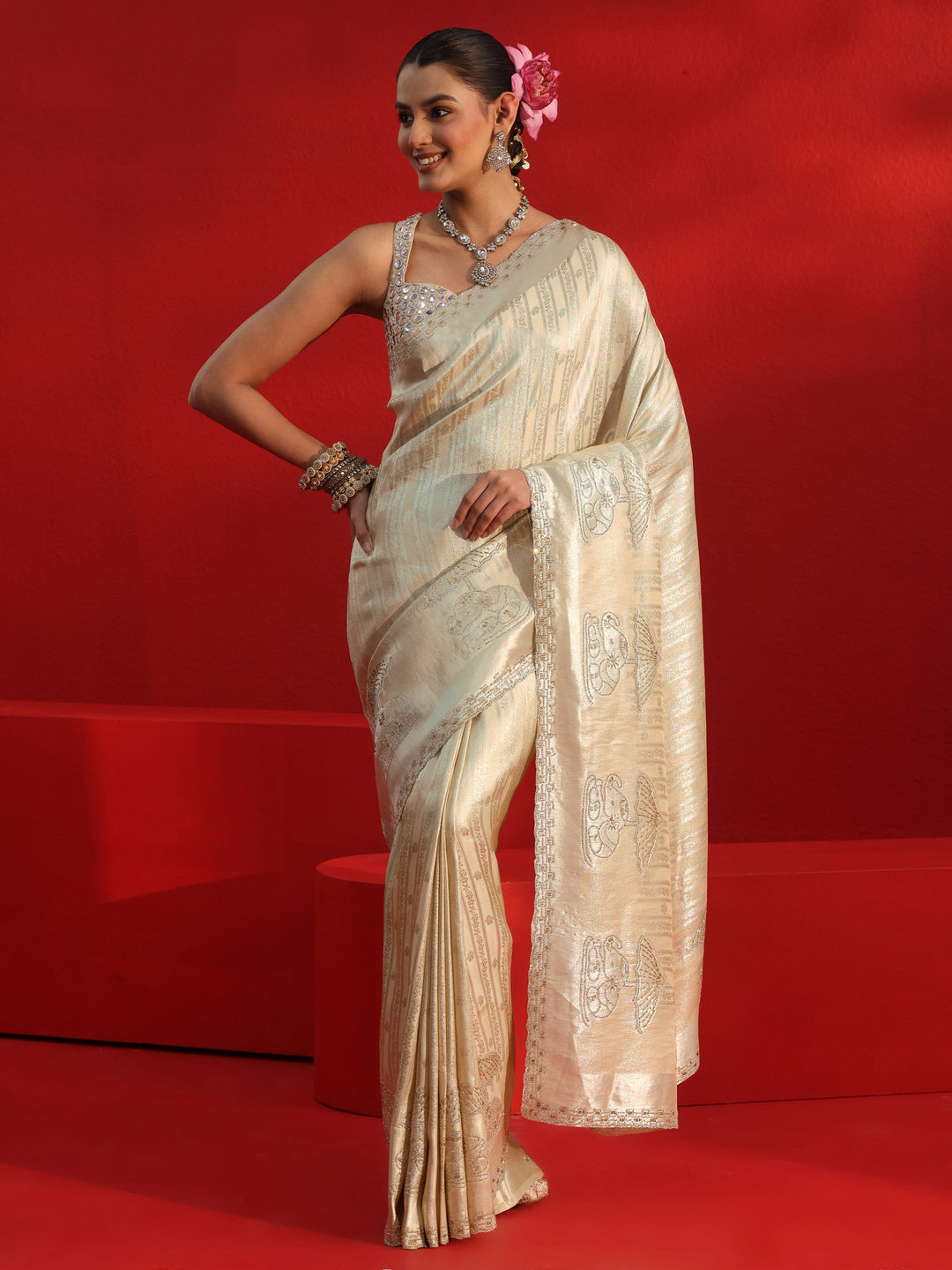  Libas Art Cream Woven Design Silk Blend Saree with Embellished Border 