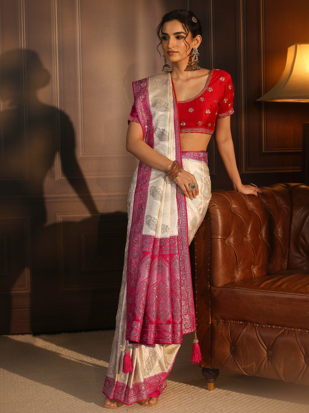 Libas Art Cream and Red Banarasi Silk Saree with Stone Work