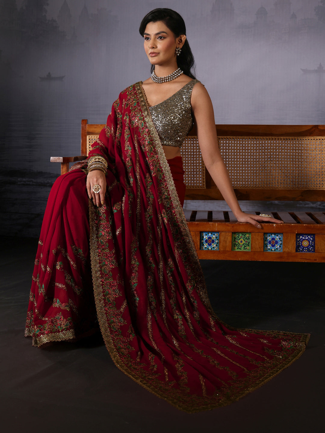  Libas Art Crimson Red Floral Embroidered Stone Work Georgette Saree 