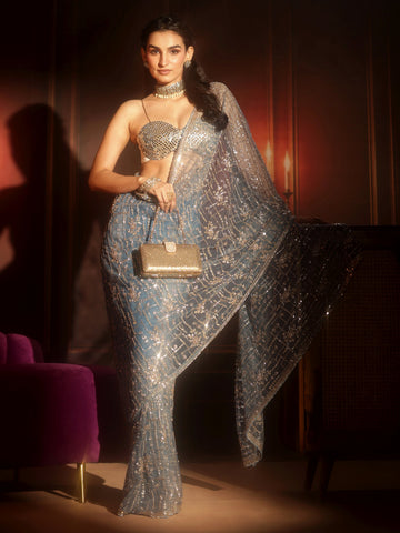 Libas Art Dusty Blue Embellished Net Saree