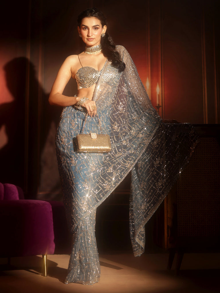 Libas Art Dusty Blue Embellished Net Saree