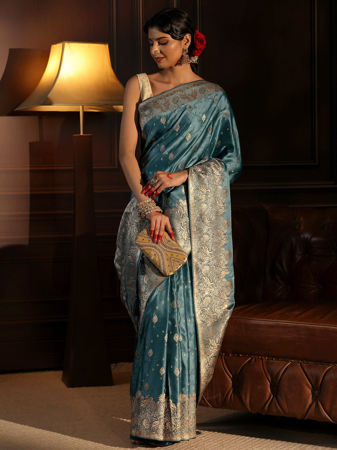 Libas Art Dusty Blue Ethnic Woven Design Satin Saree