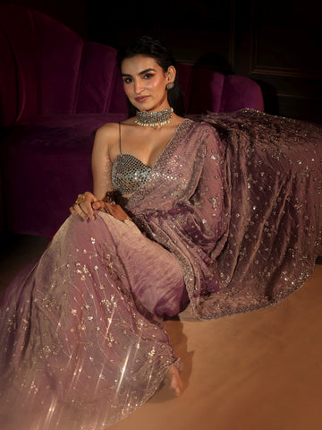 Libas Art Dusty Lavender Embellished Tissue Saree