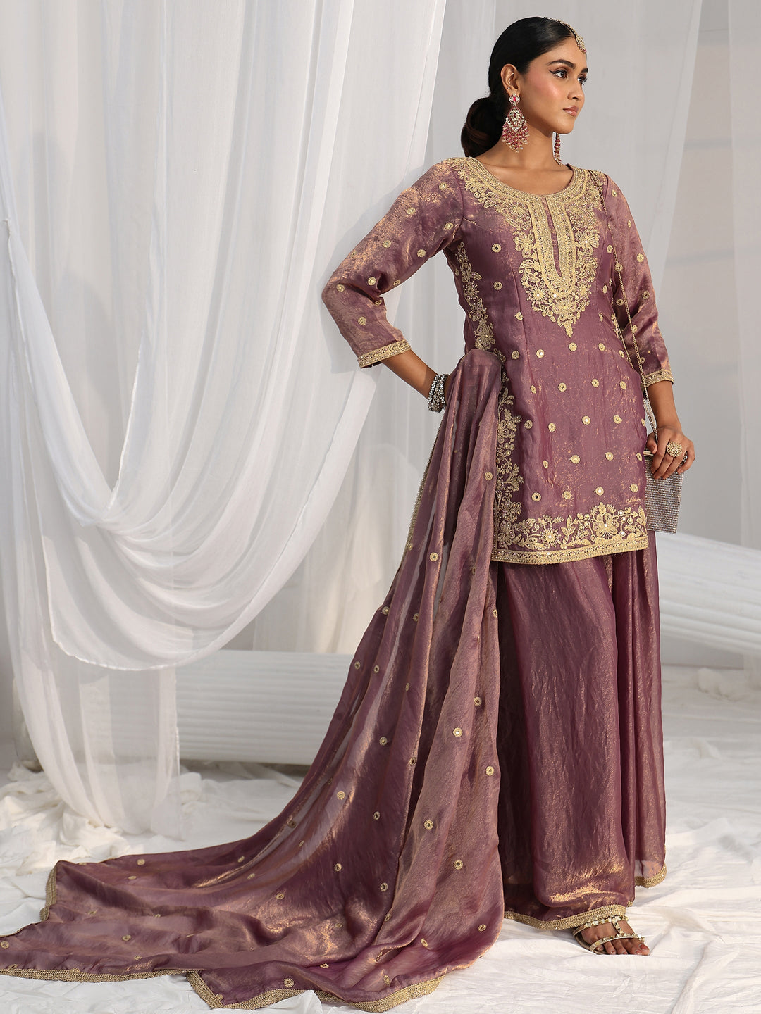  Libas Art Dusty Mauve Mirror Work Embroidered Palazzo Suit Set 