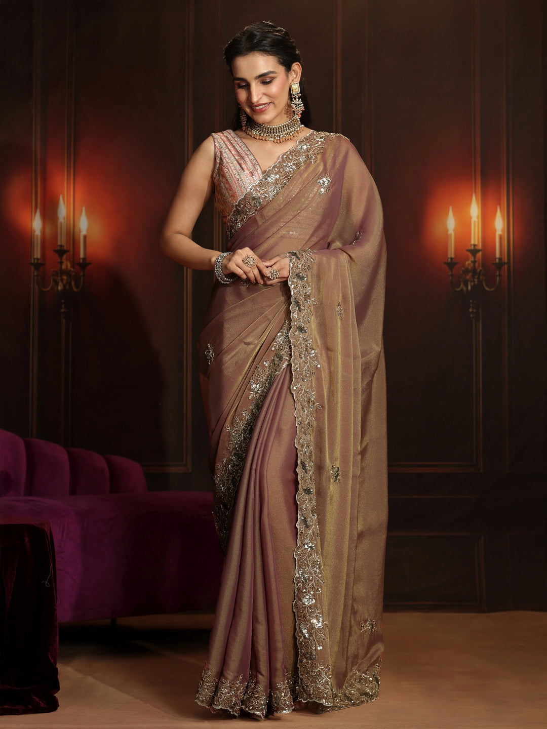  Libas Art Dusty Peach Pink Embellished Organza Saree 