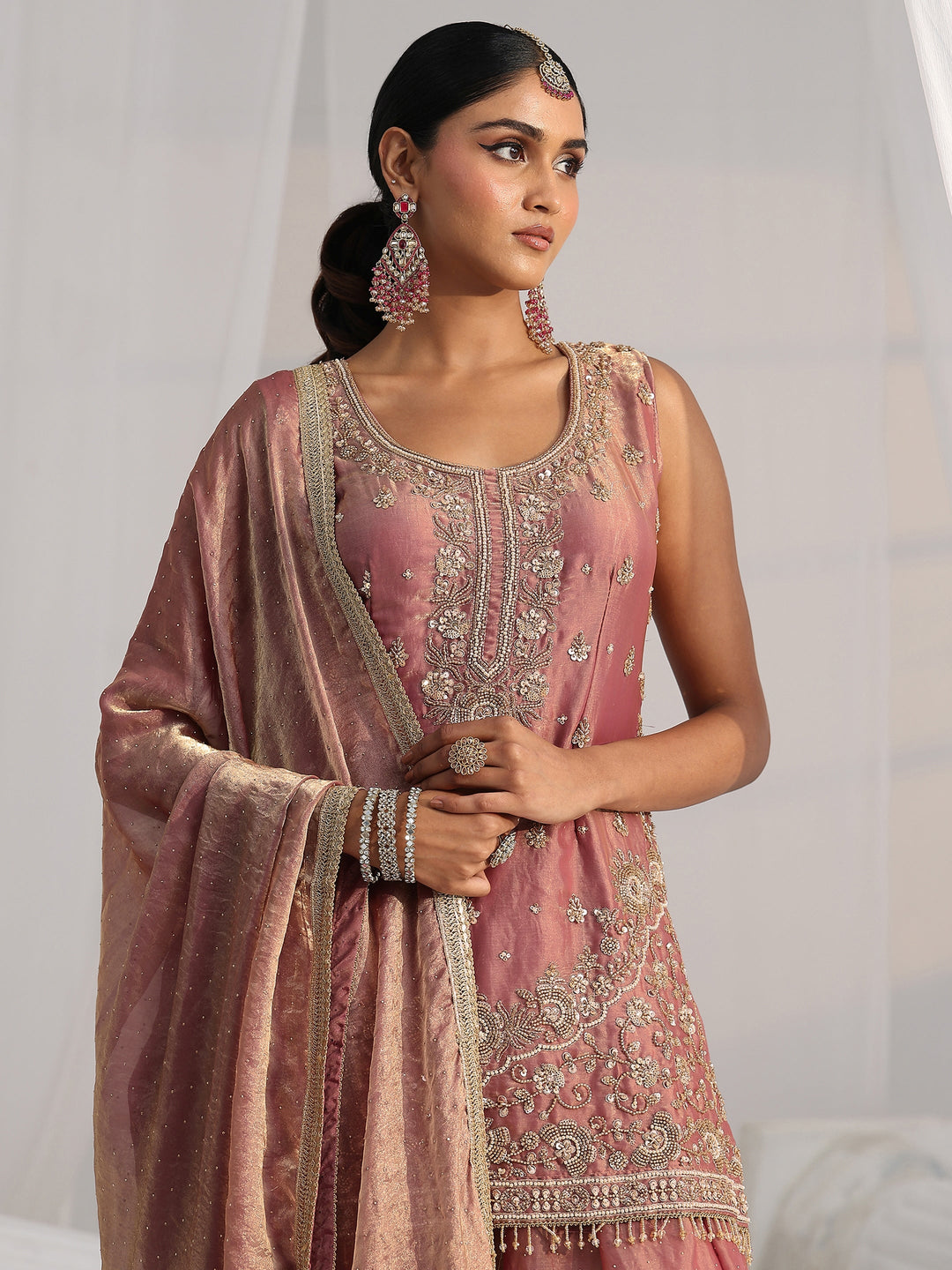  Libas Art Dusty Rose Pink Embellished Sleeveless Silk Blend Palazzo Suit Set 