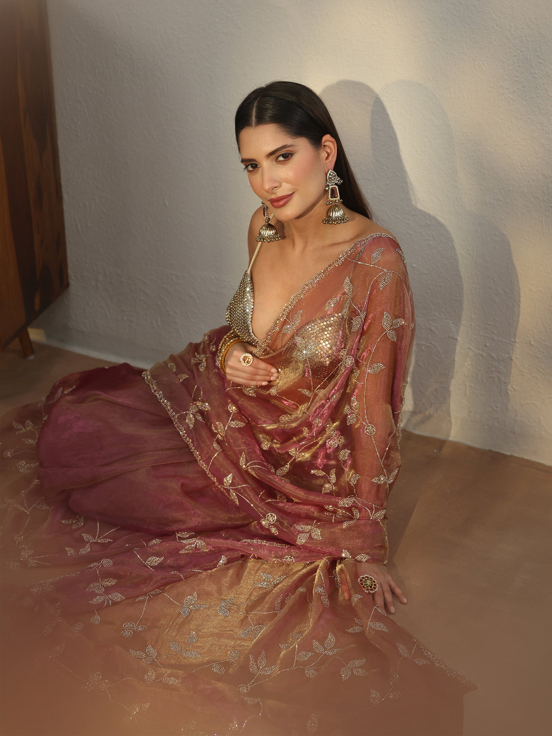  Libas Art Dusty Rose Pink Floral Embellished Tissue Saree 