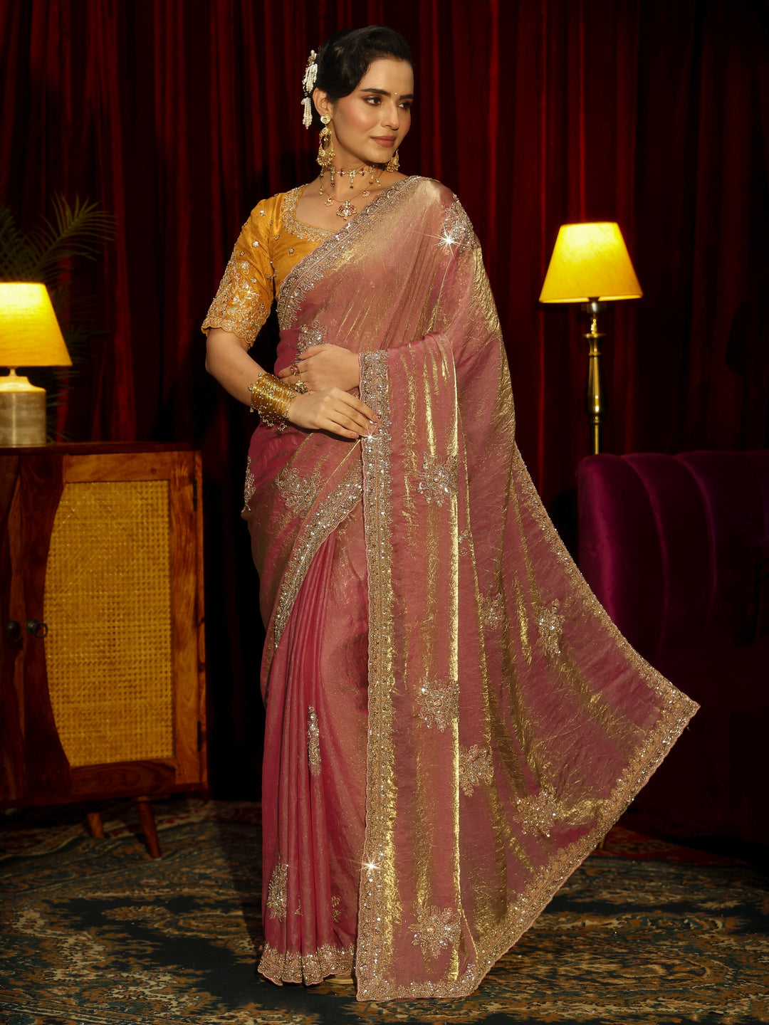  Libas Art Dusty Rose Pink Floral Embellished Tissue Saree 
