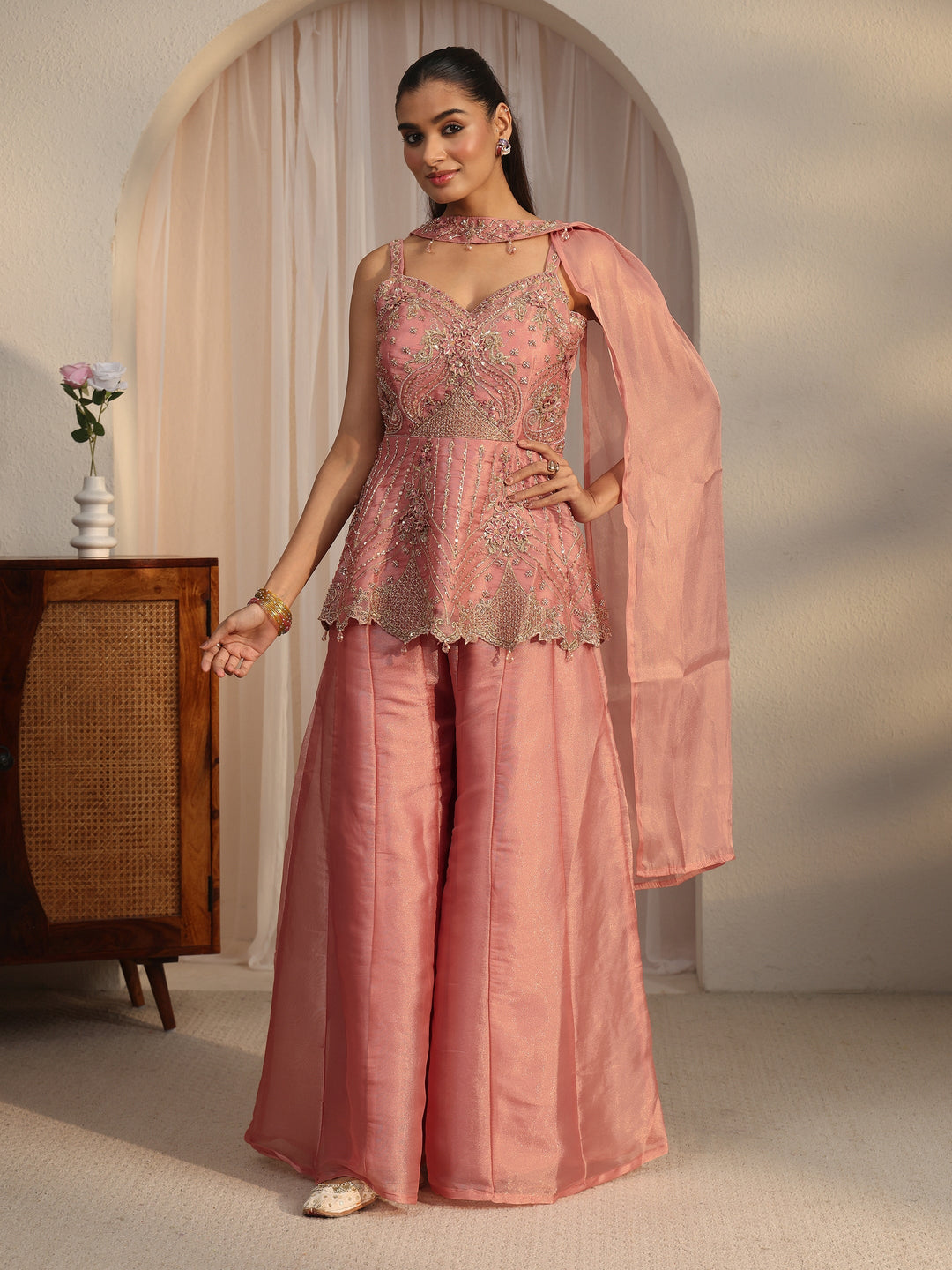  Libas Art Embellished Tissue Short Kurti and Palazzo Suit Set 