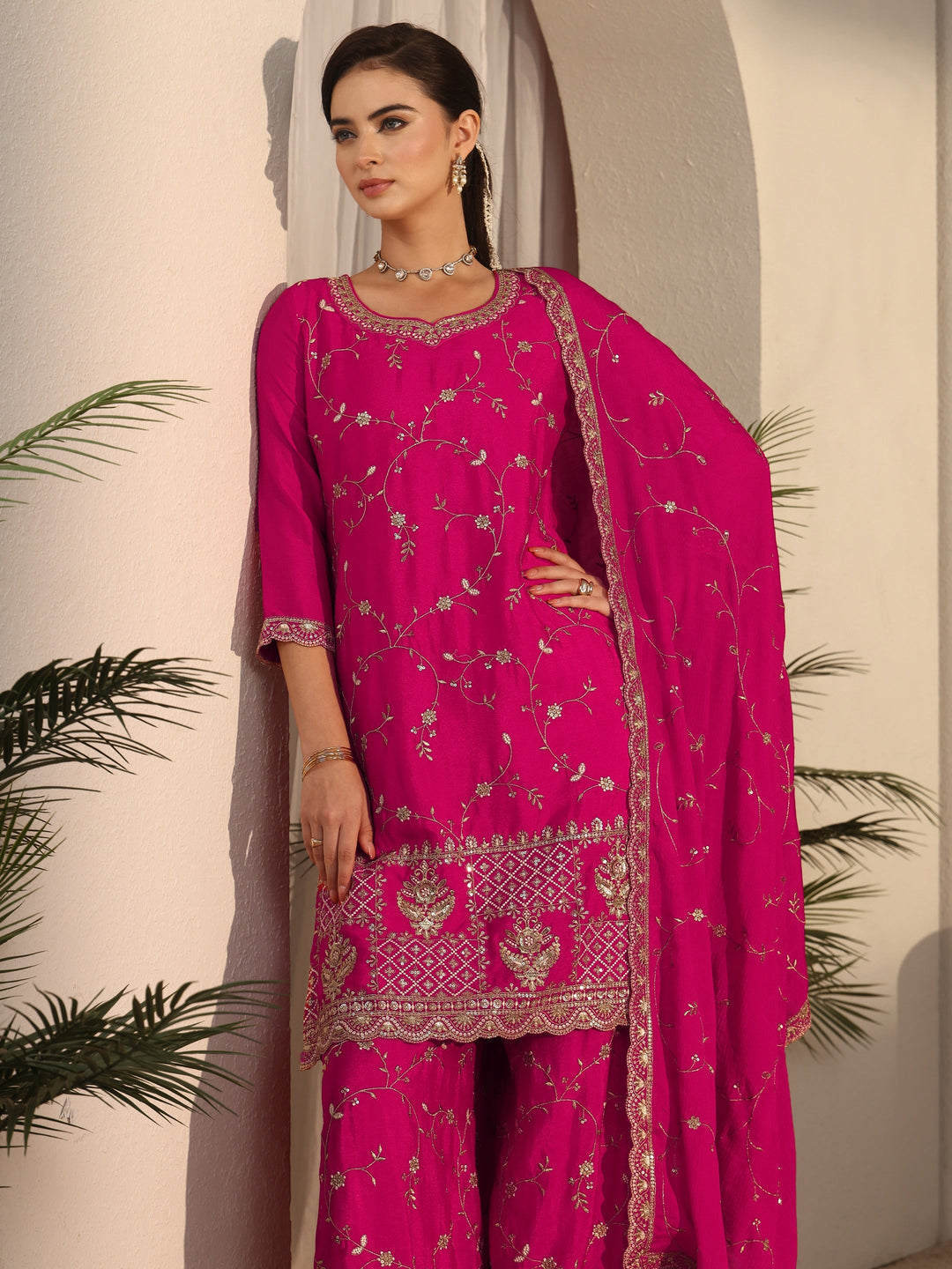 Libas Art Fuchsia Pink Floral Zari Embroidered Chinon Palazzo Suit Set