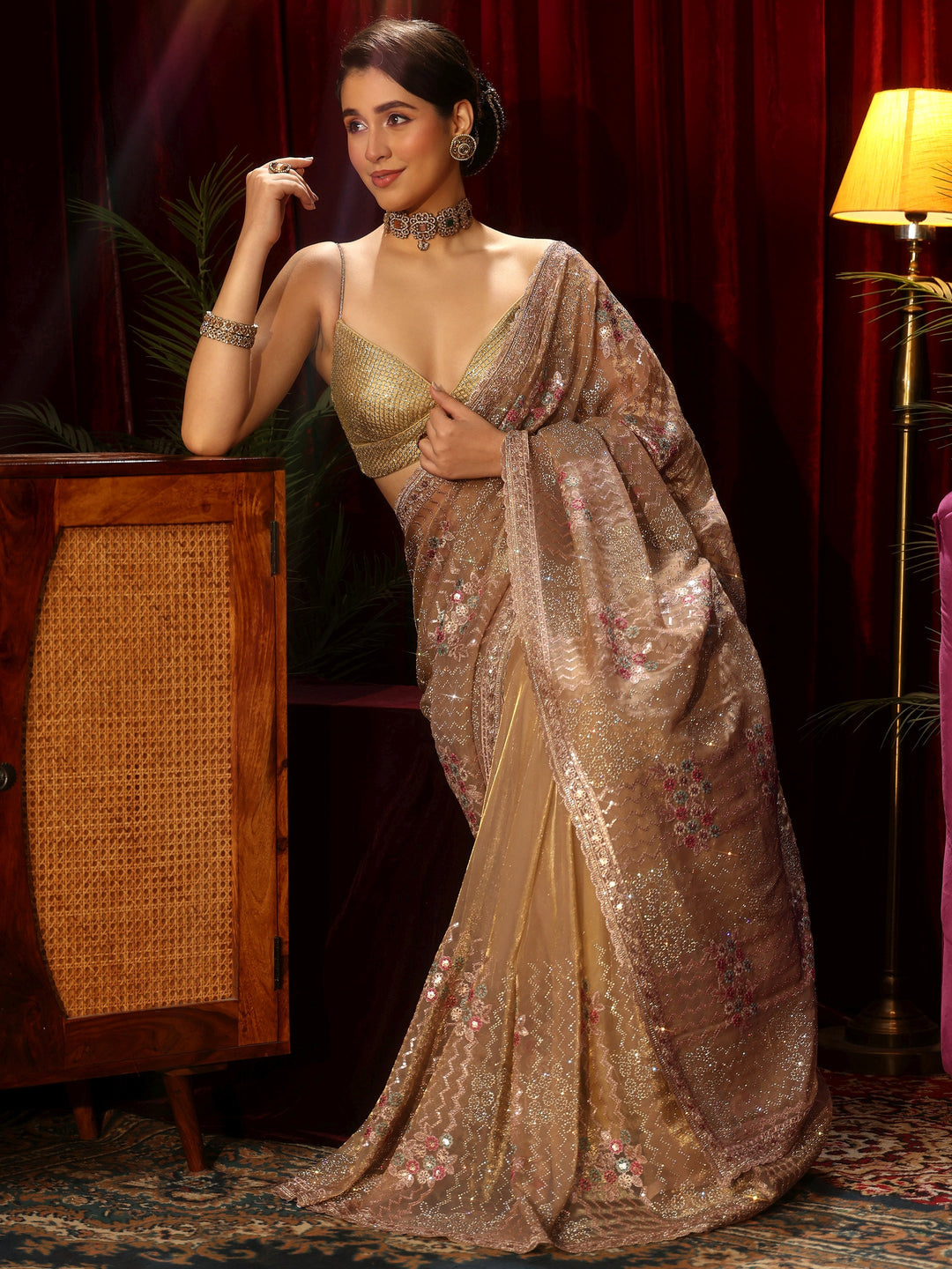 Libas Art Golden Chevron Embellished Tissue Saree