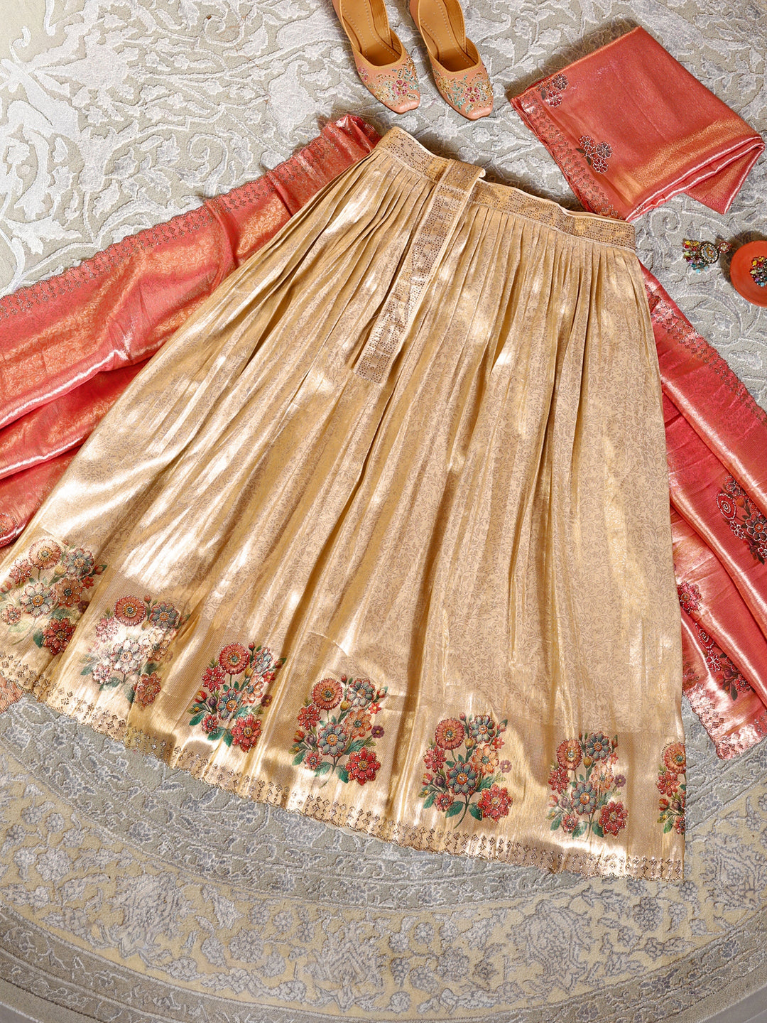 Libas Art Golden Embroidered Silk Blend Semi-Stitched Lehenga Choli