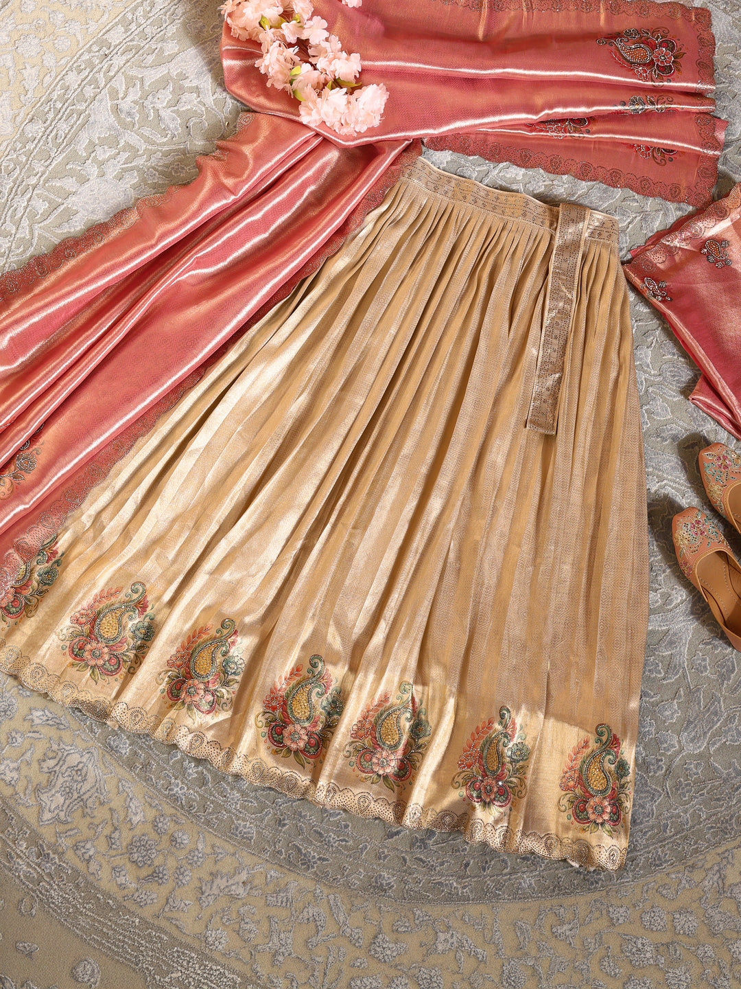 Libas Art Golden Embroidered Silk Blend Semi-Stitched Lehenga Choli