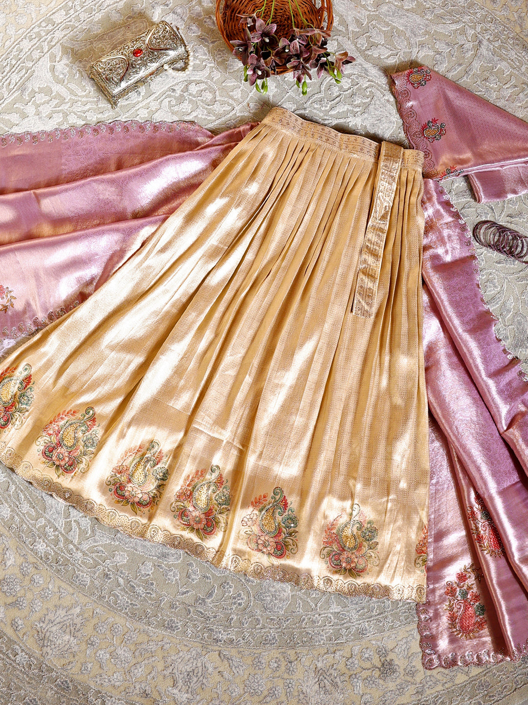 Libas Art Golden Embroidered Silk Blend Semi-Stitched Lehenga Choli