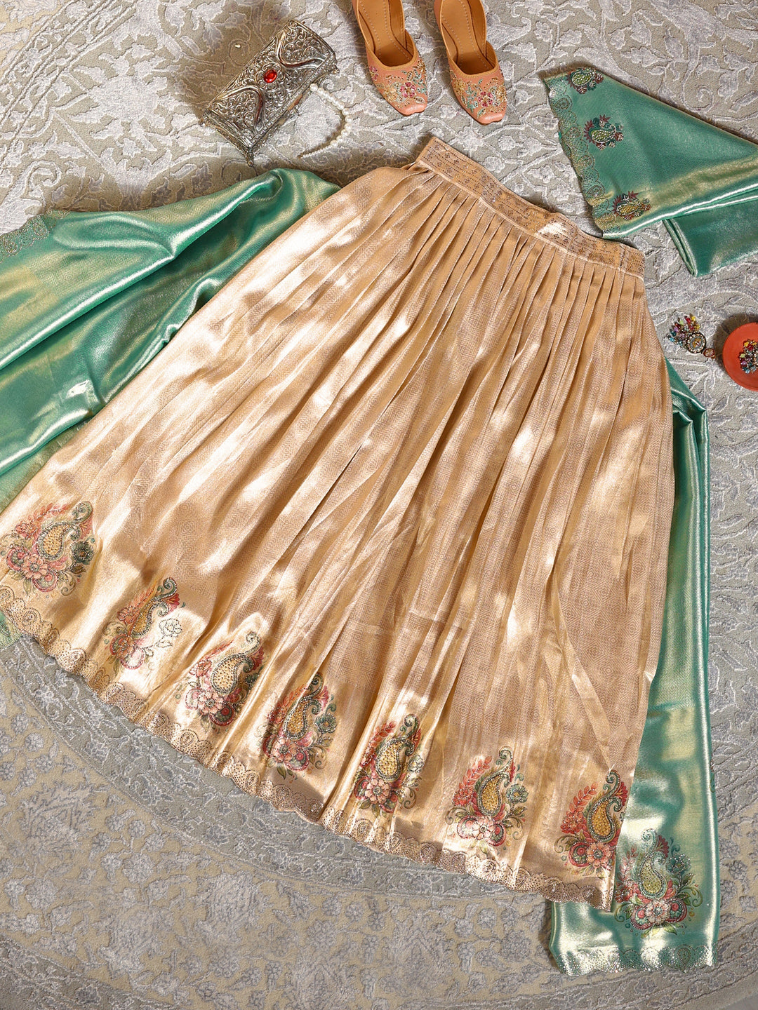 Libas Art Golden Embroidered Silk Blend Semi-Stitched Lehenga Choli