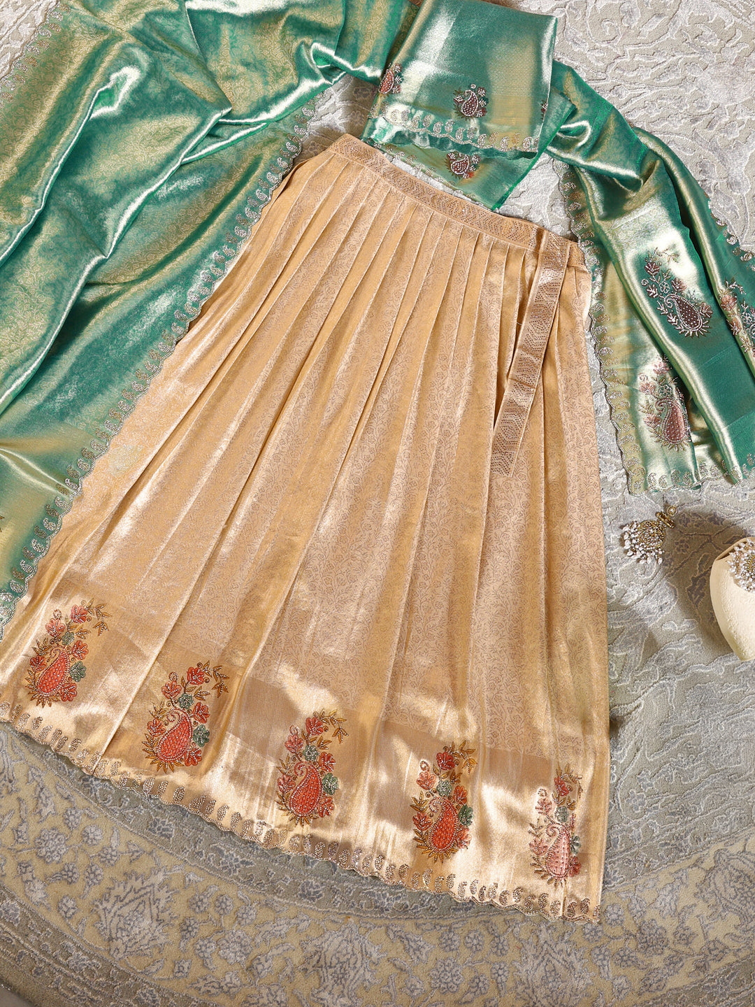 Libas Art Golden Embroidered Silk Blend Semi-Stitched Lehenga Choli