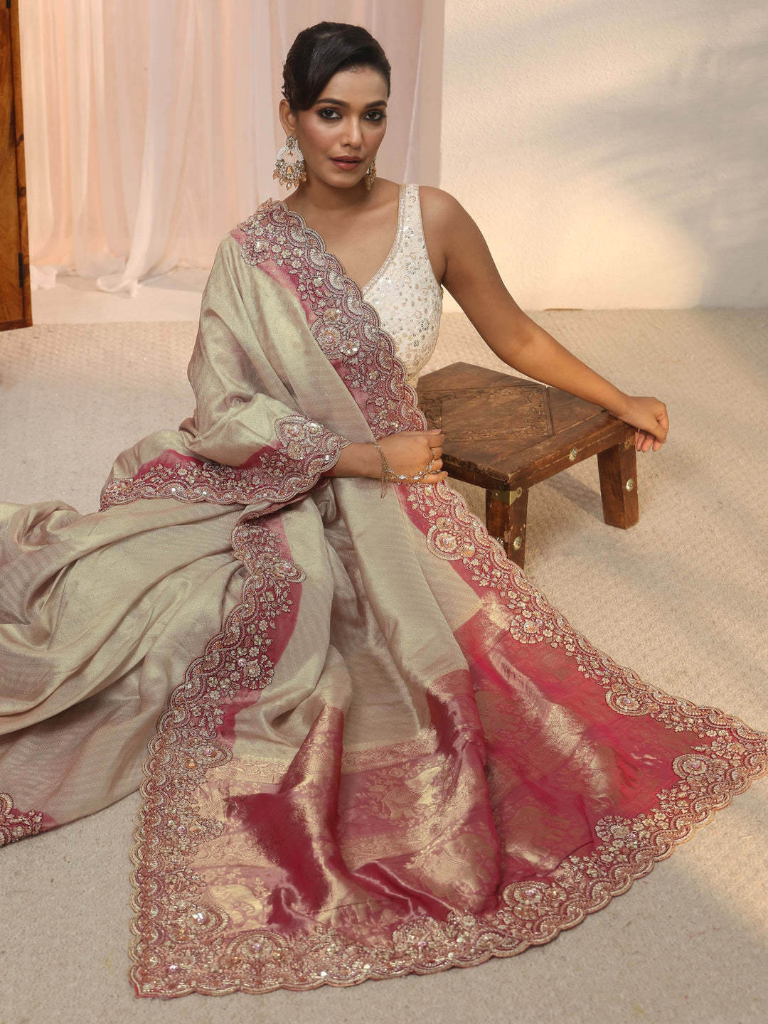  Libas Art Golden Woven Design Tissue Saree with Embellished Border 