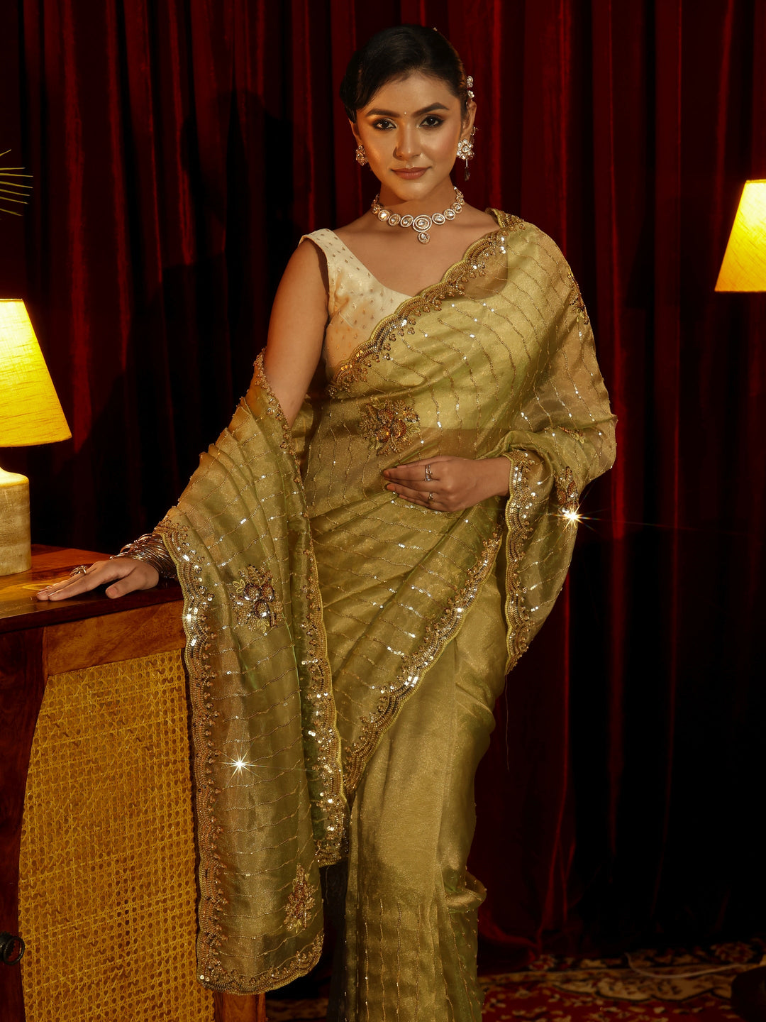  Libas Art Green Embellished Tissue Saree 