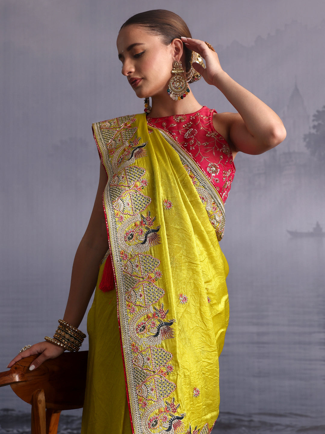 Libas Art Green Ethnic Embroidered Tissue Saree