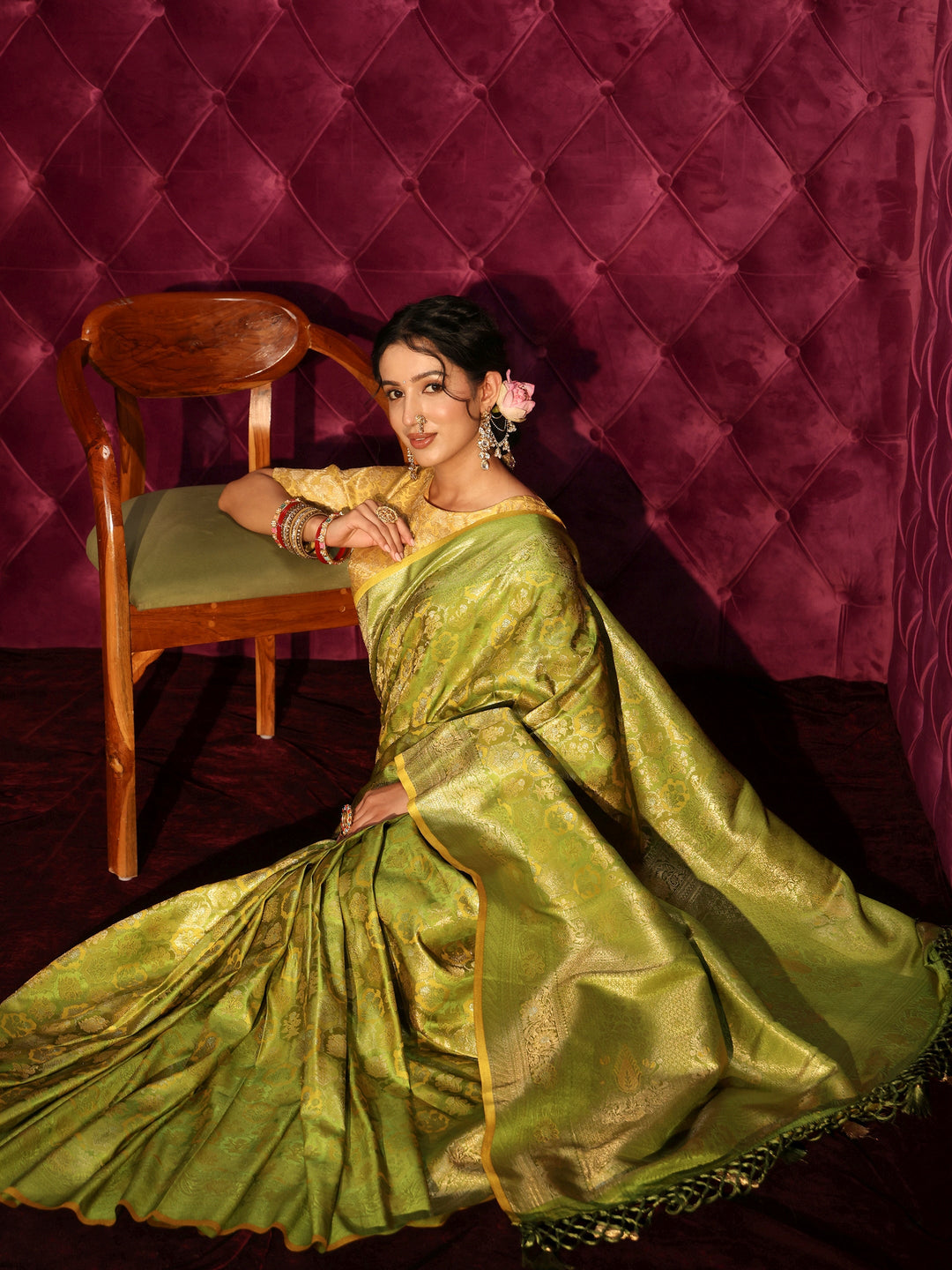  Libas Art Green Ethnic Woven Design Silk Blend Tassel Saree 