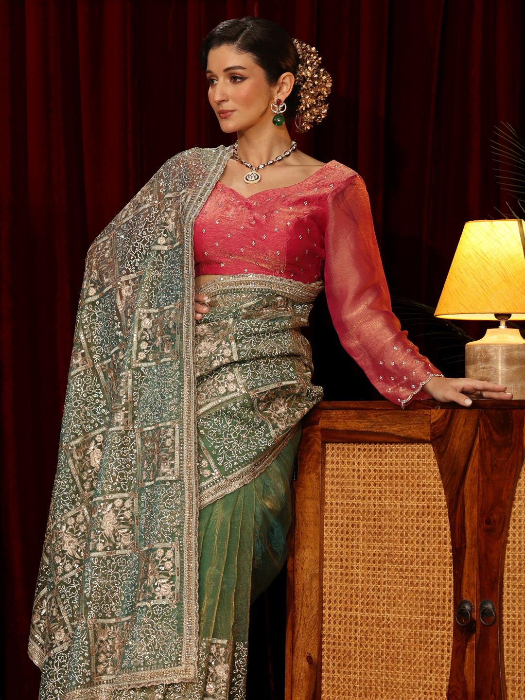  Libas Art Green Floral Embellished Tissue Saree 