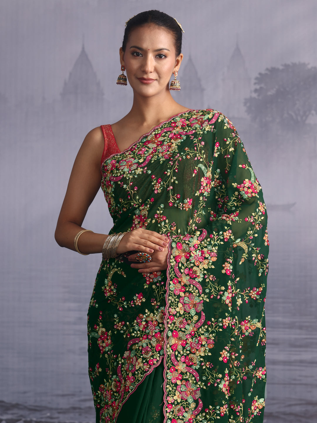  Libas Art Green Floral Embroidered Georgette Saree with Stone Work 