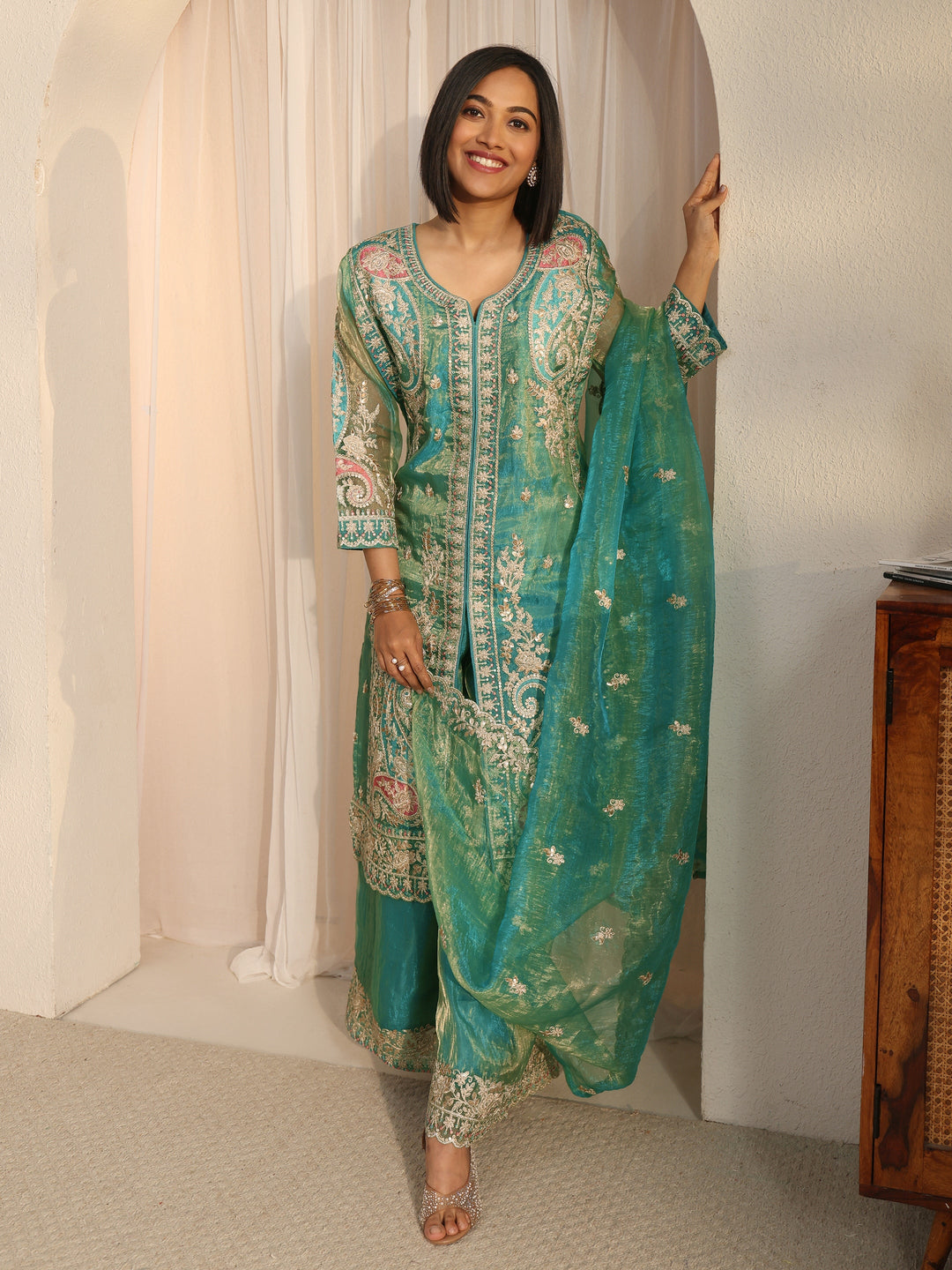  Libas Art Green Floral Embroidered Organza Palazzo Suit Set 