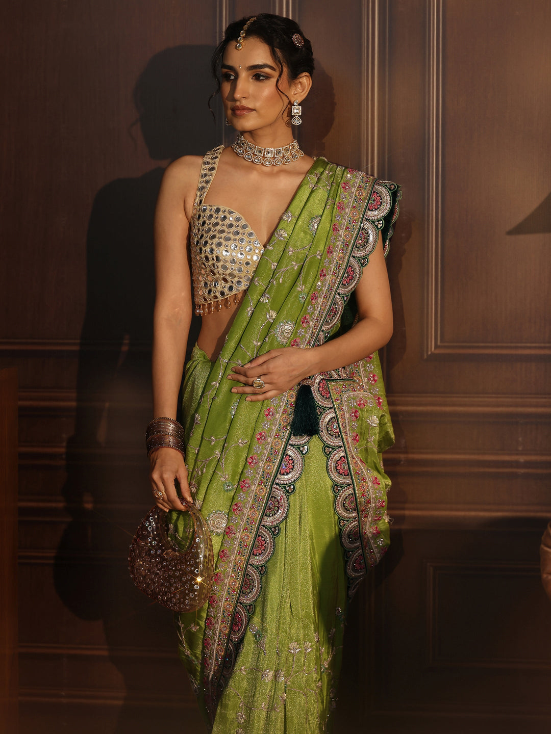 Libas Art Green Floral Embroidered Satin Saree with Scalloped Border