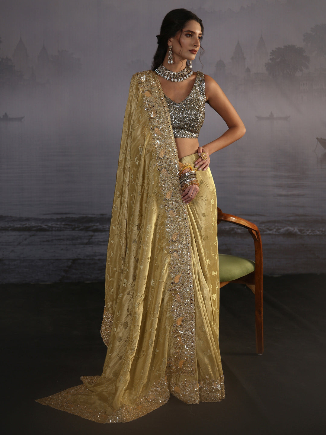  Libas Art Green Floral Woven Design Silk Blend Saree with Embellished Border 