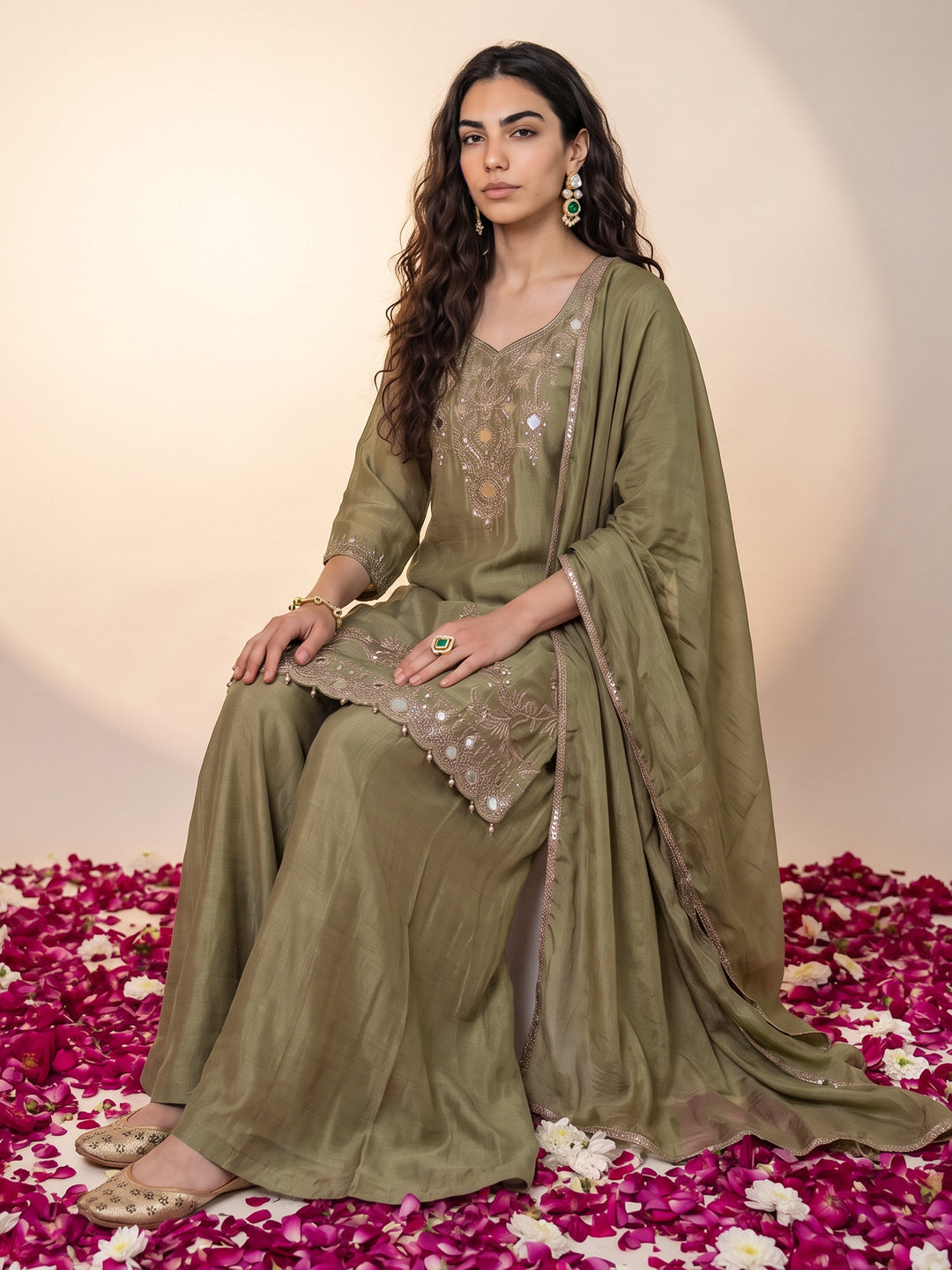  Libas Art Green Mirror Work Embellished Chinon Palazzo Suit Set 