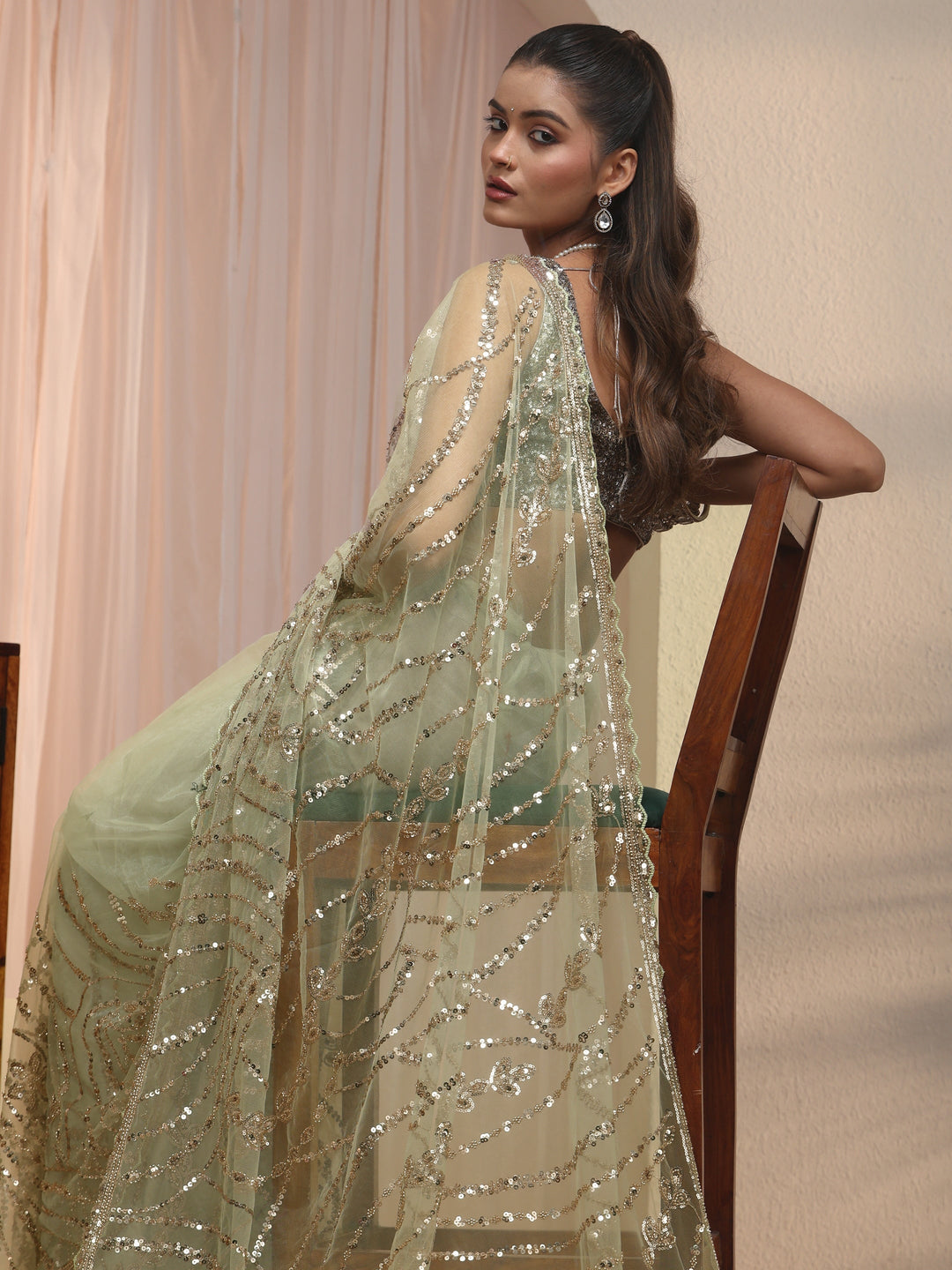  Libas Art Green Sequin Embellished Net Saree with Scalloped Border 
