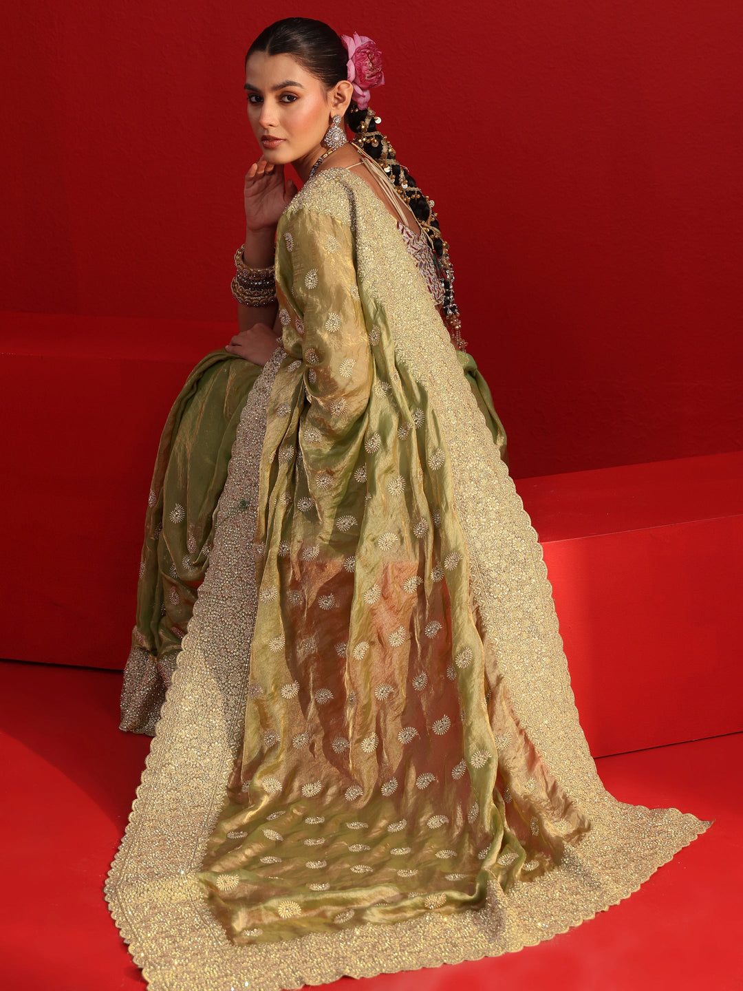  Libas Art Green Stone Work Embellished Tissue Saree 
