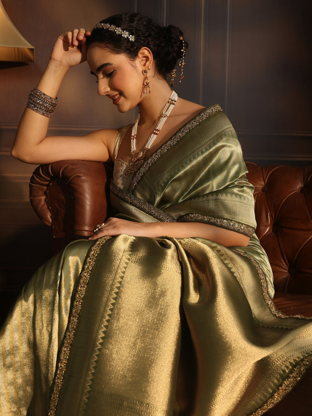 Libas Art Green Striped Banarasi Silk Blend Saree
