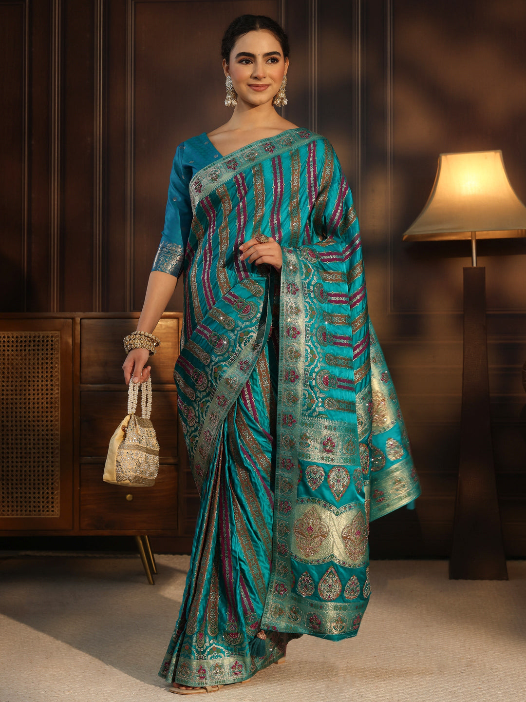Libas Art Green Striped Woven Design Satin Saree with Stone Work