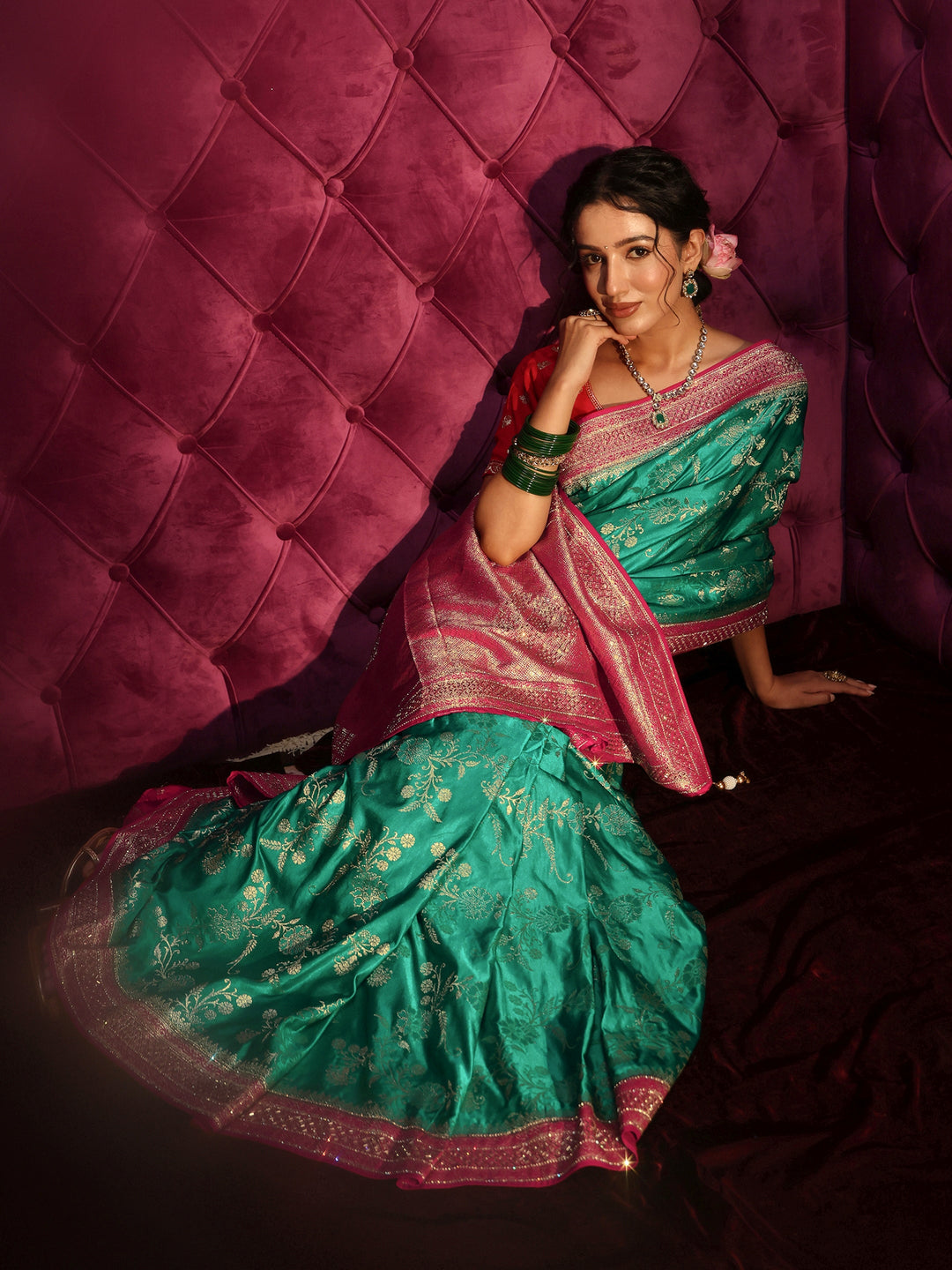  Libas Art Green and Red Woven Design Satin Saree with Stone Work 