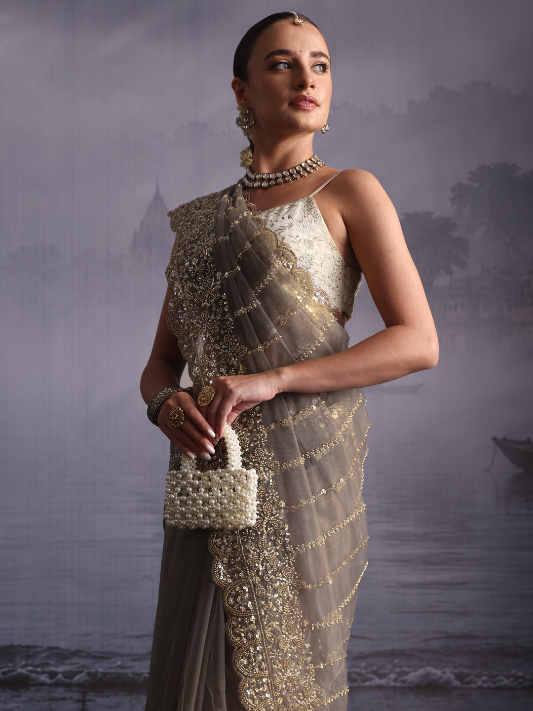  Libas Art Grey Embellished Net Saree with Scalloped Border 
