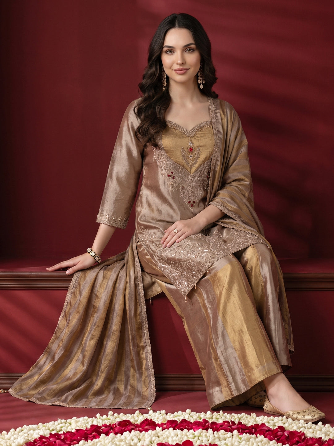  Libas Art Grey Embellished Silk Blend Palazzo Suit Set 