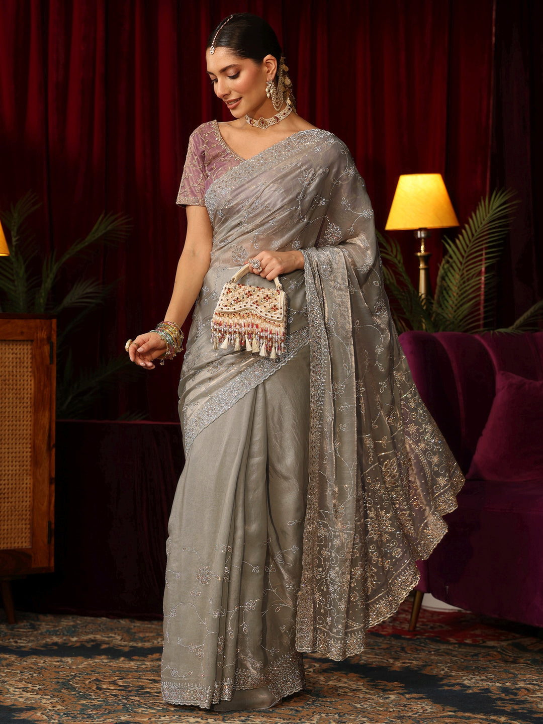  Libas Art Grey Floral Bead Embellished Tissue Saree 