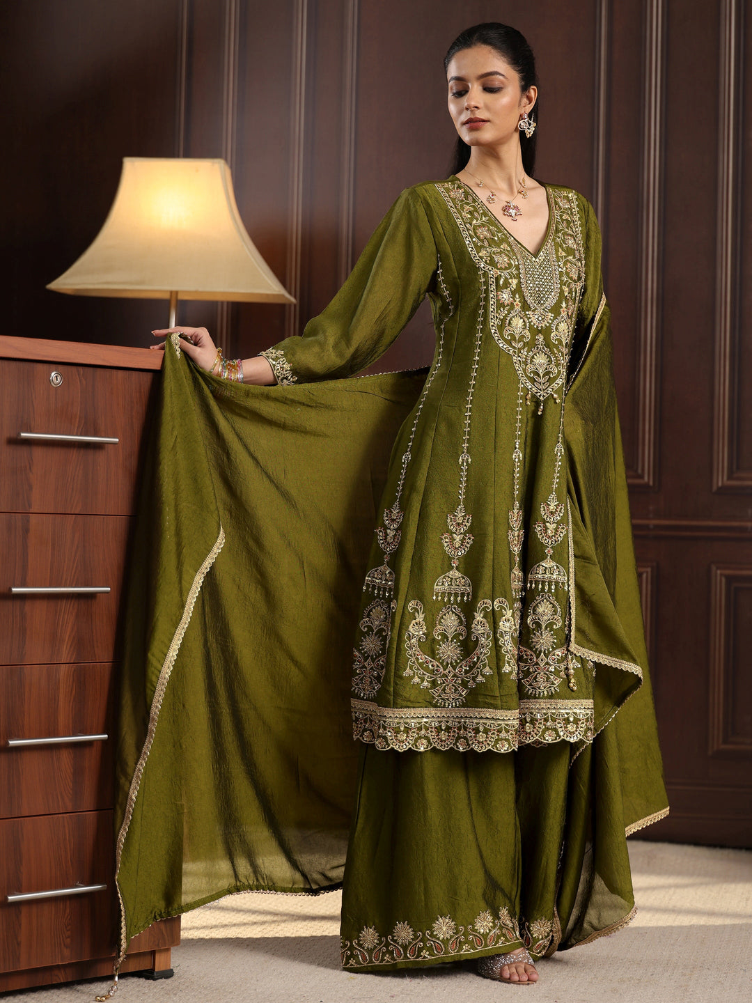  Libas Art Henna Green Floral Embroidered Silk Blend Palazzo Suit Set 