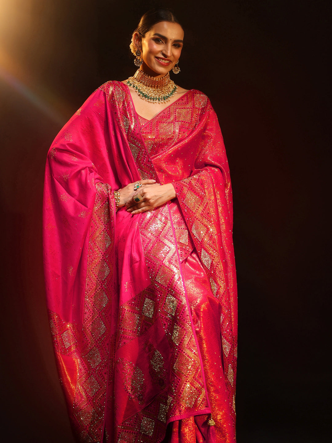  Libas Art Hot Pink Embellished Banarasi Silk Blend Saree with Dupatta 