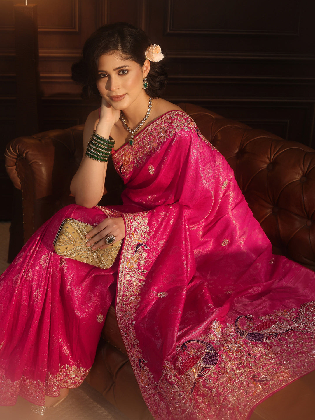 Libas Art Hot Pink Silk Blend Saree with Embellished Peacock Pallu